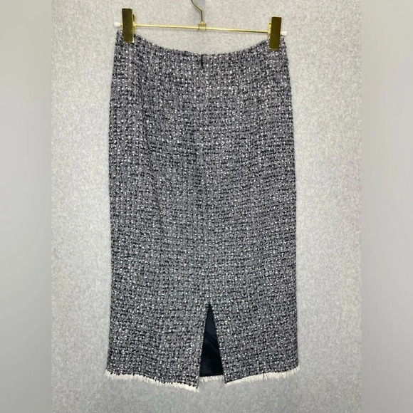L.K. Bennett London Navy Blue/White Tweed Fringe Lined Midi Skirt - Picture 6 of 7